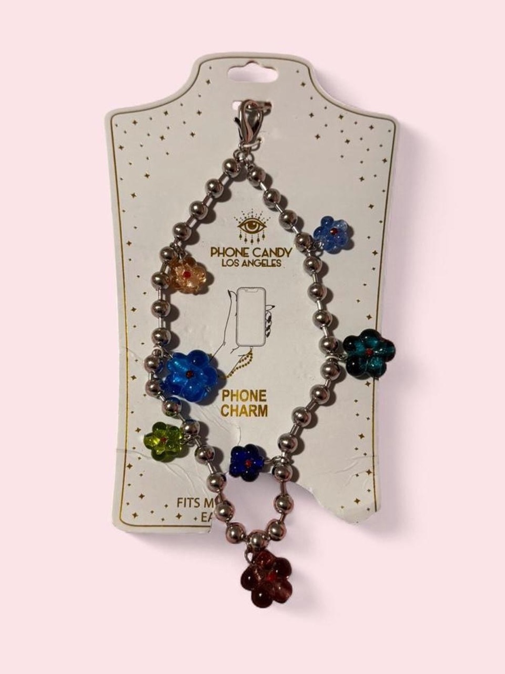 Silver Beaded Phone Charm with Multicolor Flower Charms